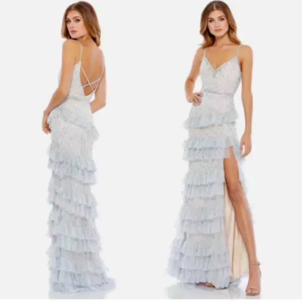MAC DUGGAL 9116 EMBELLISHED RUFFLE TIERED SLEEVELESS POWDER BLUE GOWN